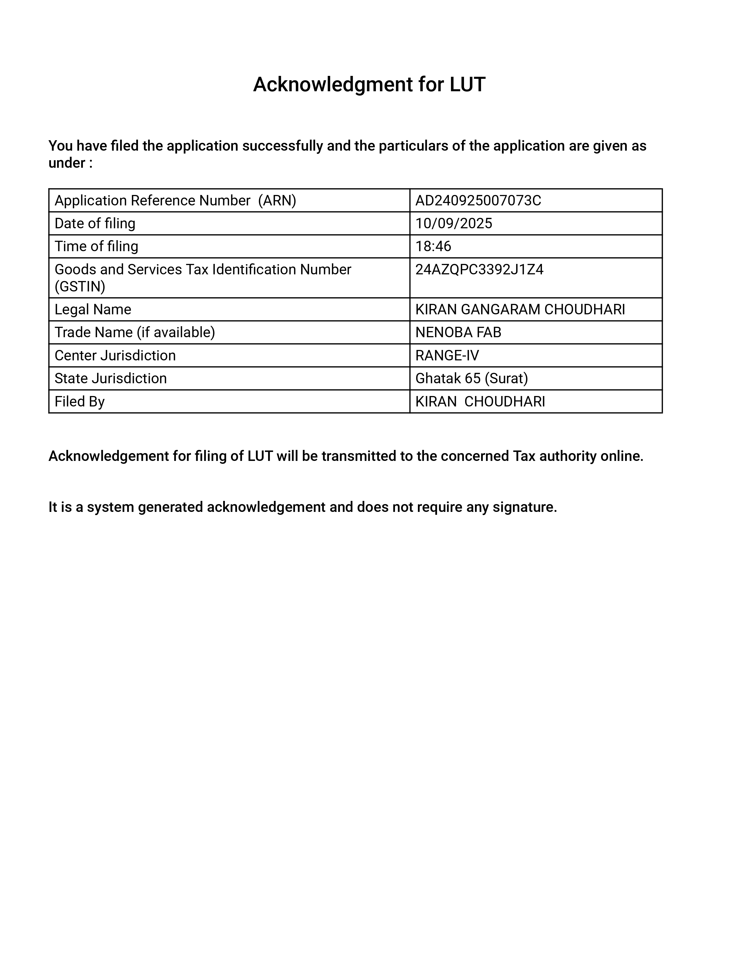 Letter of Undertaking (LUT) Certificate
